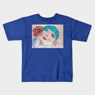 Girl with a Red Rose and Blue Beret Watercolor Kids T-Shirt